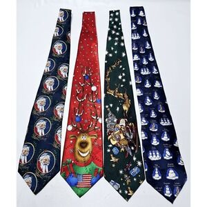 Lot of 4 Christmas Neckties- Santa, Snowmen, Reindeer- Classic Length & Width